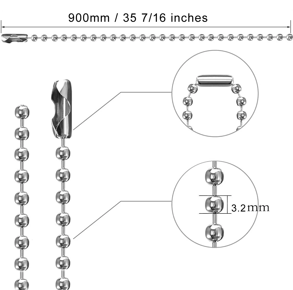 35.5" Long Chain Necklace 304 Stainless Steel Ball Bead Chains For Badge Holder