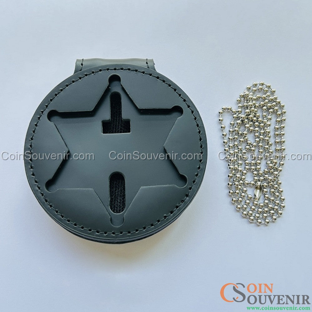 Top-Grain Leather Recessed Badge Holder With Belt Clip & Neck Chain For LASD Badges