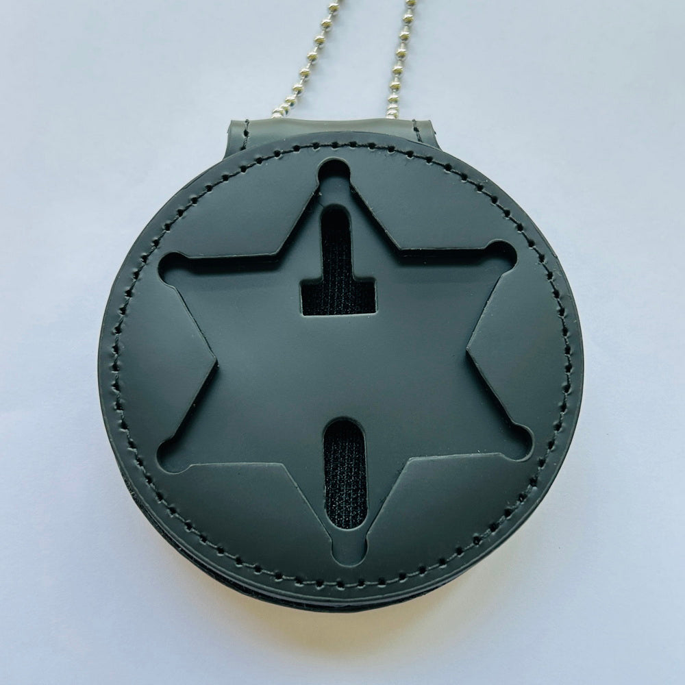 Top-Grain Leather Recessed Badge Holder With Belt Clip & Neck Chain For LASD Badges