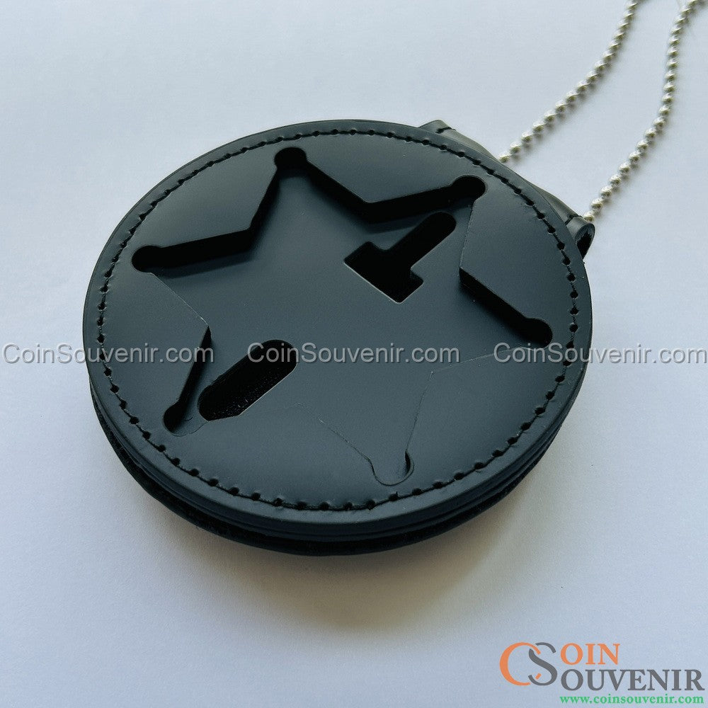 Top-Grain Leather Recessed Badge Holder With Belt Clip & Neck Chain For LASD Badges