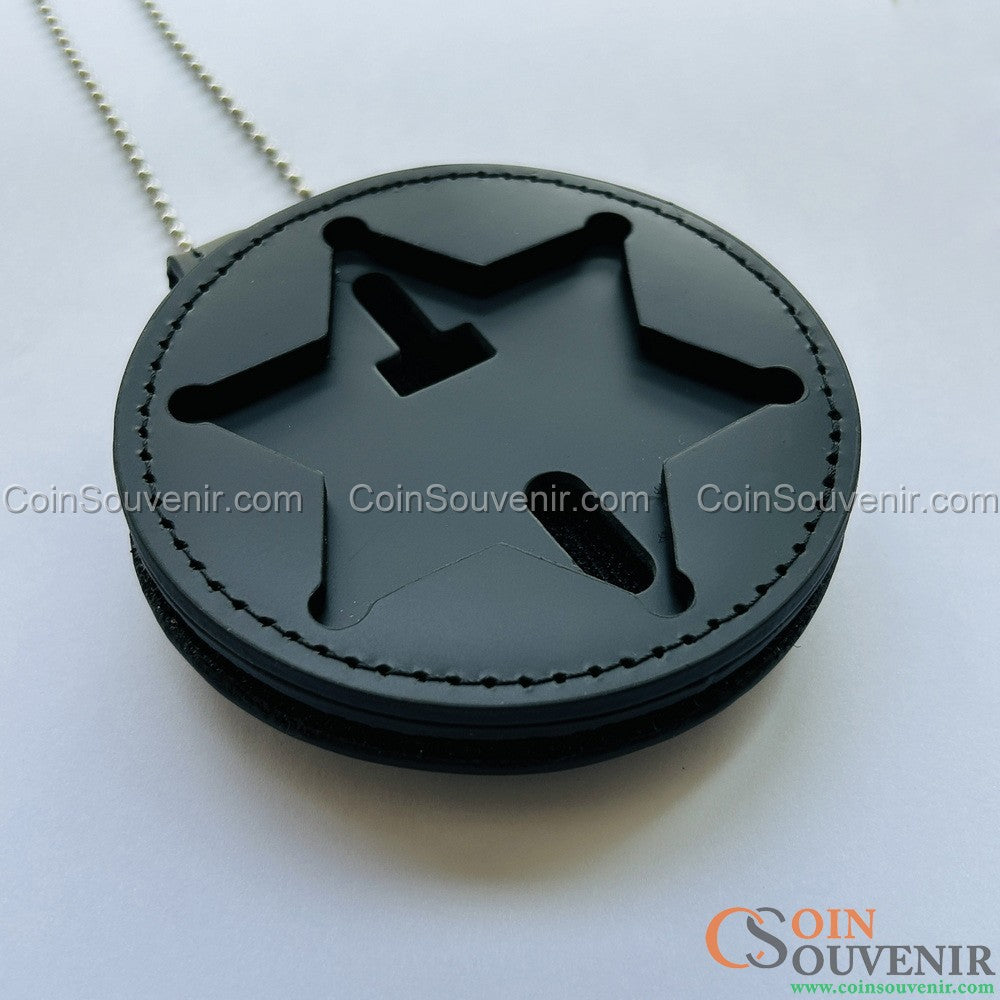 Top-Grain Leather Recessed Badge Holder With Belt Clip & Neck Chain For LASD Badges