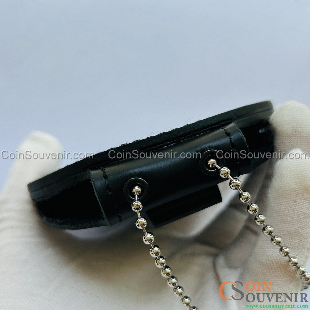 Top-Grain Leather Recessed Badge Holder With Belt Clip & Neck Chain For LASD Badges