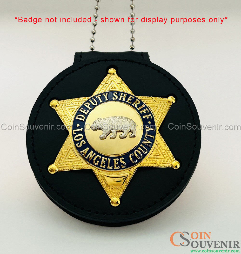 Top-Grain Leather Recessed Badge Holder With Belt Clip & Neck Chain For LASD Badges