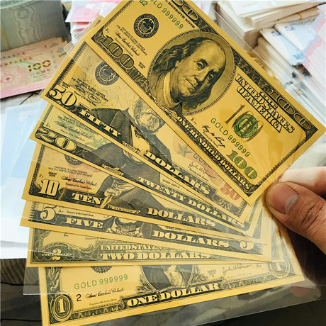 7 Pieces of US Gold Foil Novelty Banknotes $1 $2 $5 $10 $20 $50 $100 US Dollar Bill Play Money Set
