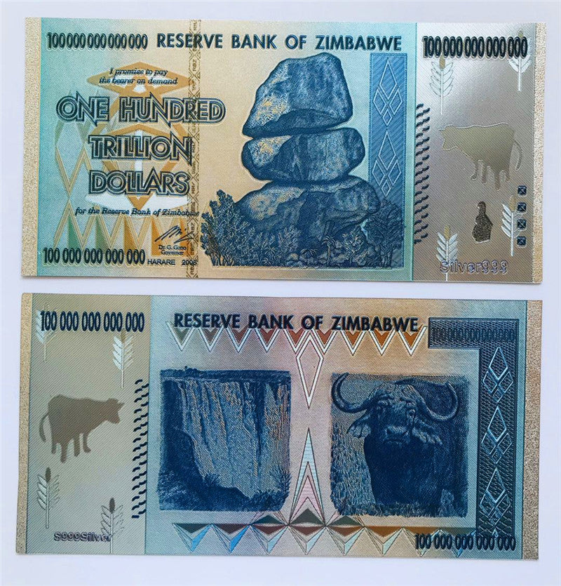 Zimbabwe 100 Trillion Dollars Bills Silver Foil Banknotes Novelty Notes Prop Money
