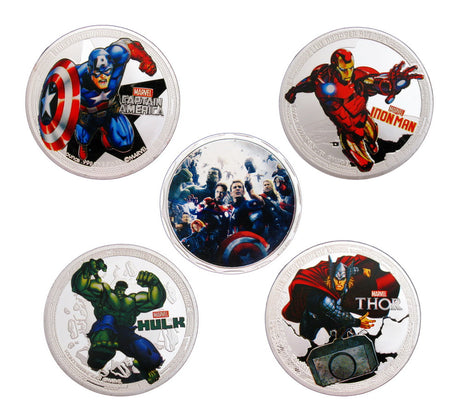 A Set of 5 Pcs The Avengers Superhero Marvel Comics Colored Silver Coins