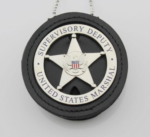 Genuine Leather Cut-out Holder With Chain Belt Clip For Round US MARSHAL & Other Police Badges Black