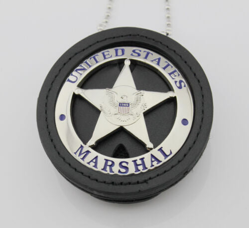 Genuine Leather Cut-out Holder With Chain Belt Clip For Round US MARSHAL & Other Police Badges Black
