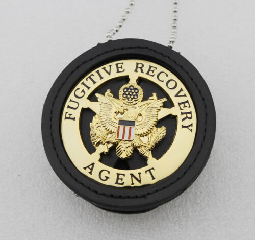 Genuine Leather Cut-out Holder With Chain Belt Clip For Round US MARSHAL & Other Police Badges Black