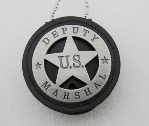Genuine Leather Cut-out Holder With Chain Belt Clip For Round US MARSHAL & Other Police Badges Black
