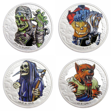 4 Pcs The Crypt Horror Tales Happy Halloween Colored Silver Commemorative Coins