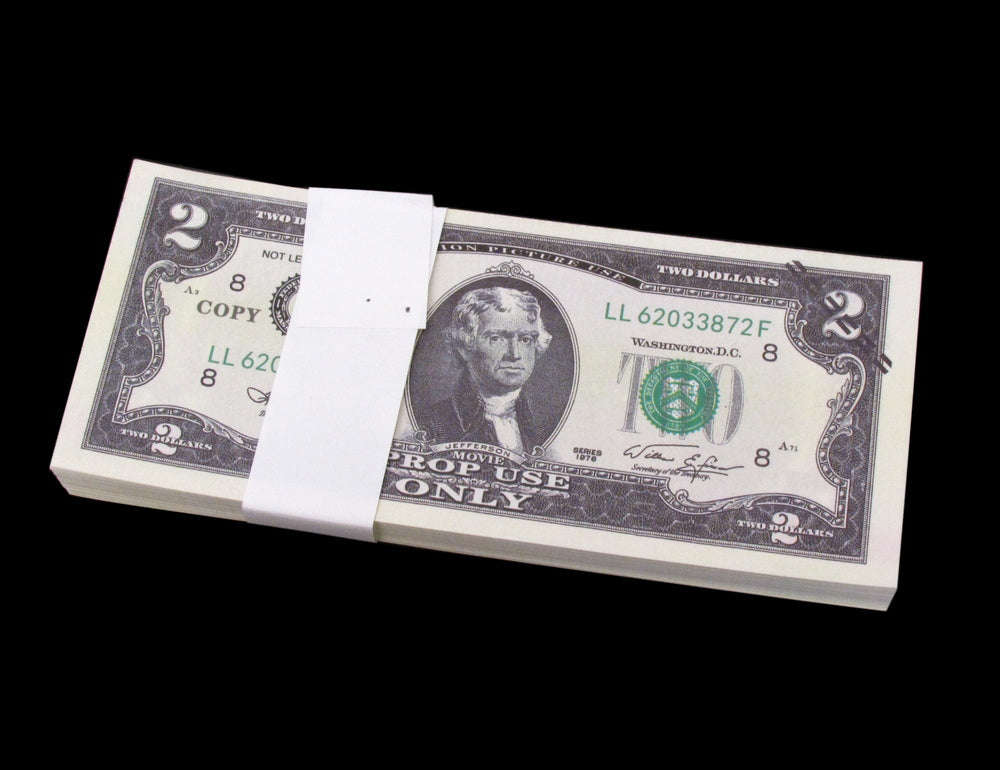 100x $2 Full Print Bills Stack Copy Dollar Movie Prop Money New Style