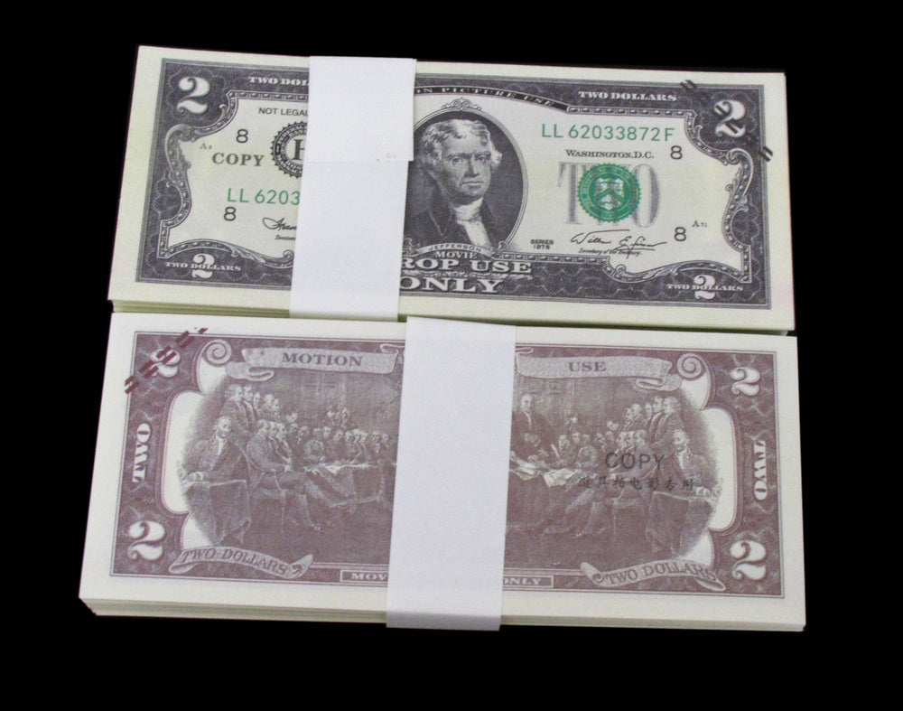 100x $2 Full Print Bills Stack Copy Dollar Movie Prop Money New Style