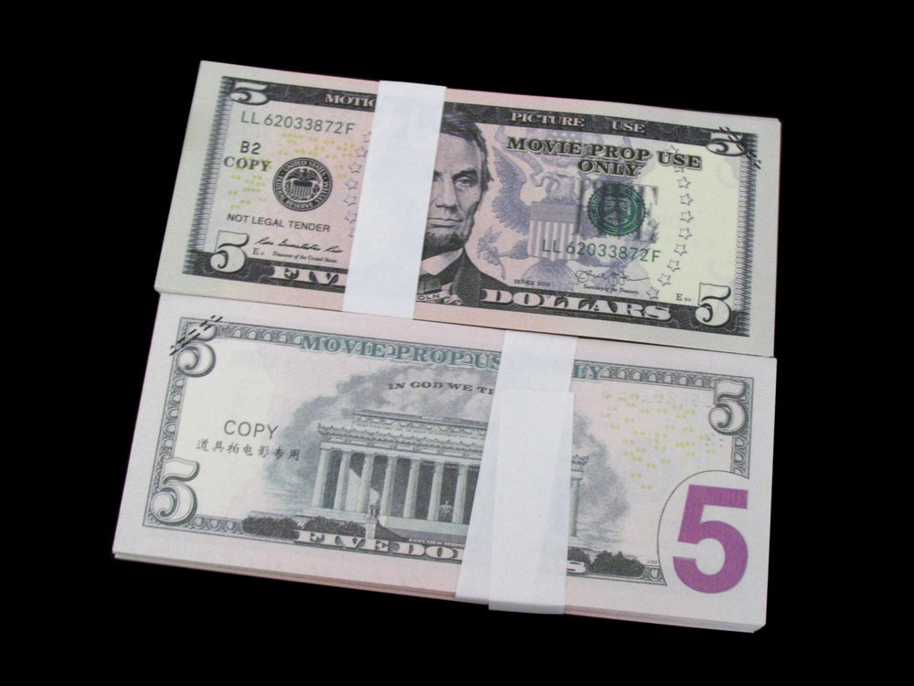 100x $5 Full Print Bills Stack Copy Dollar Movie Prop Money New Style