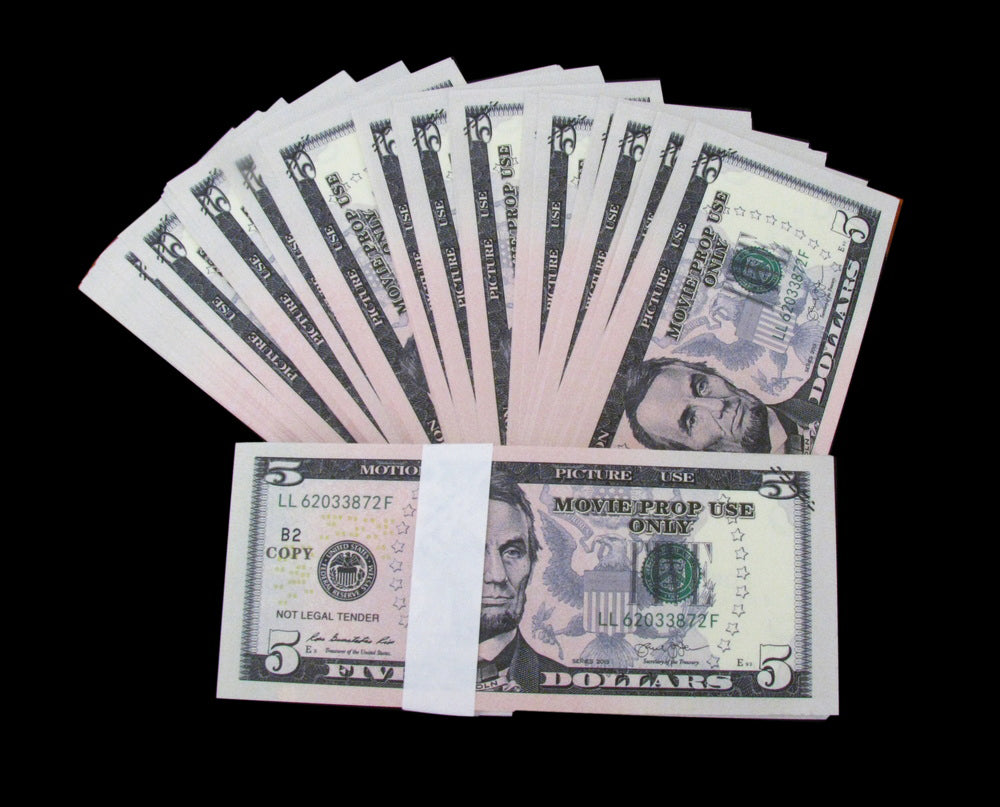 100x $5 Full Print Bills Stack Copy Dollar Movie Prop Money New Style