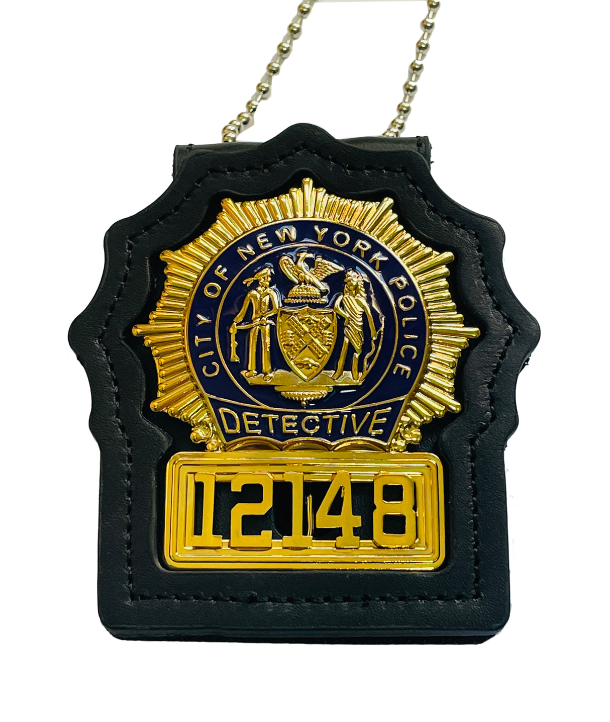 5-digit NYPD Detective Badge Holder With Belt Clip Neck Chain Cut-out Genuine Leather Holder
