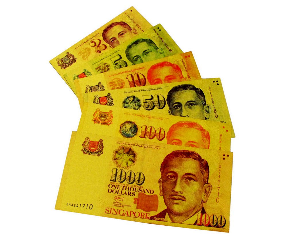 6 Pieces of Singapore Dollar Gold Foil Prop Money Novelty Notes Banknotes Set