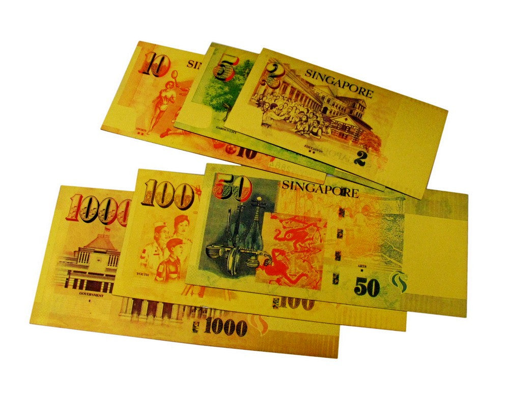 6 Pieces of Singapore Dollar Gold Foil Prop Money Novelty Notes Banknotes Set
