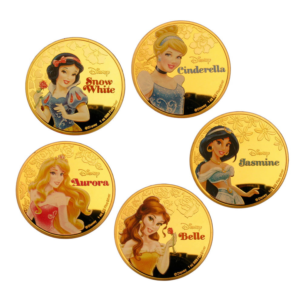 5 Pcs Disney Princess Classic Cartoon Colored 24K Gold Plated Coins Set