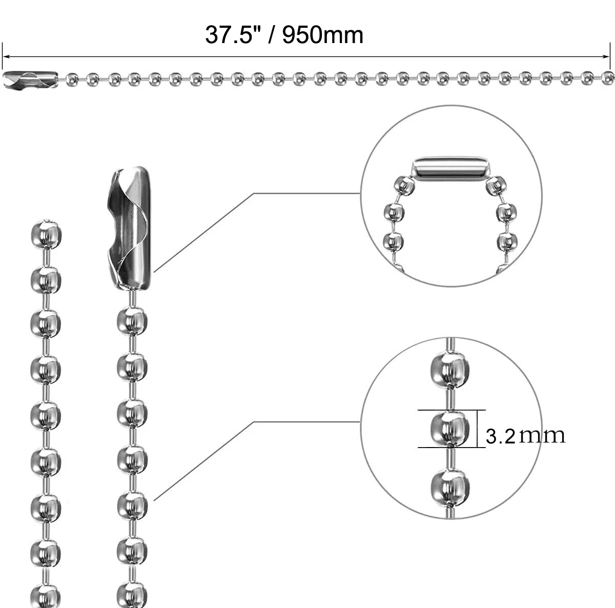 37.5" Long Chain Necklace Stainless Steel Ball Bead Chains For Badge Holder