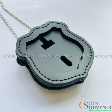 Top-Grain Leather Recessed Badge Holder With Belt Clip & Neck Chain