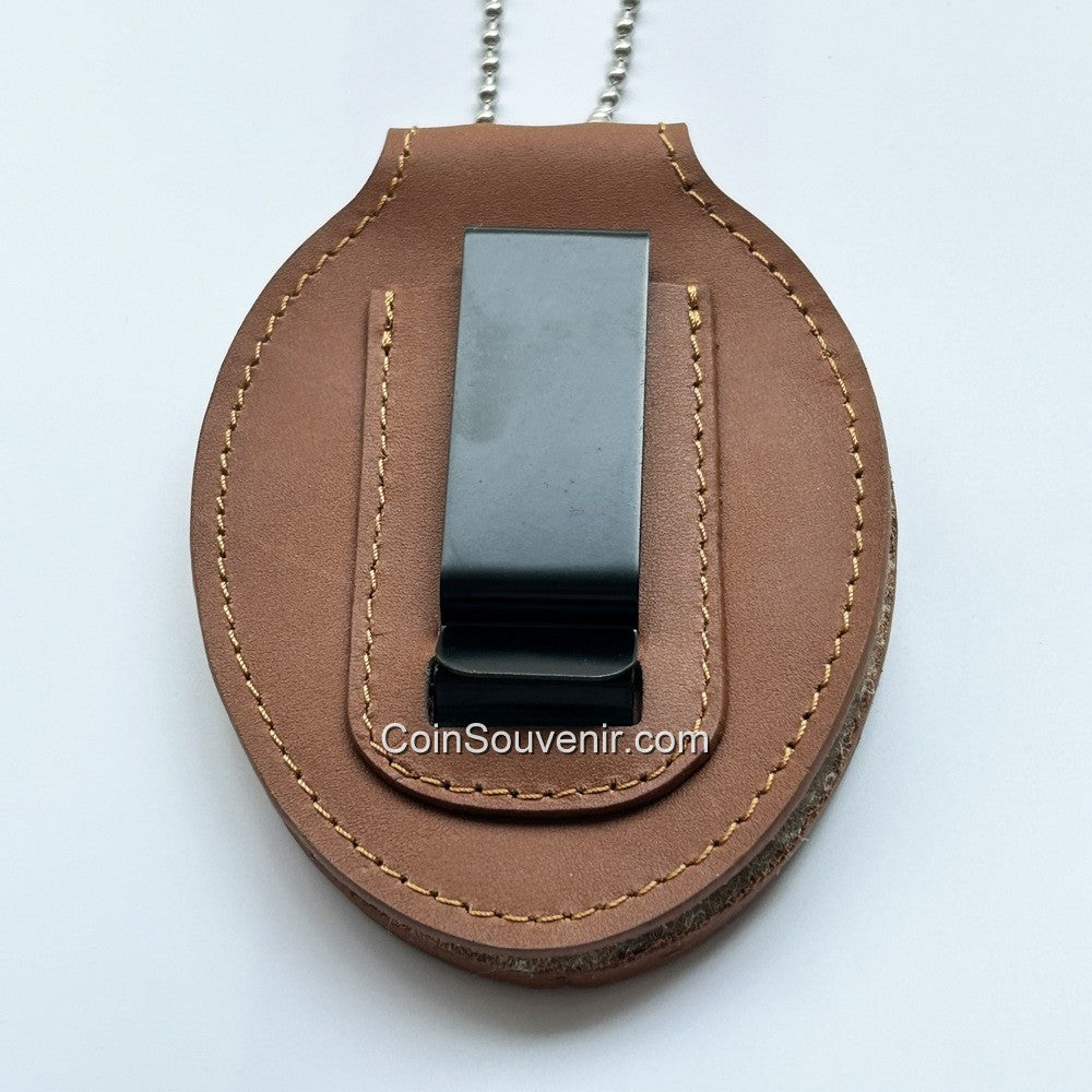 Top-grade Leather Cut-out Badge Holder With Belt Clip Chain For LAPD Badges Elegant Brown