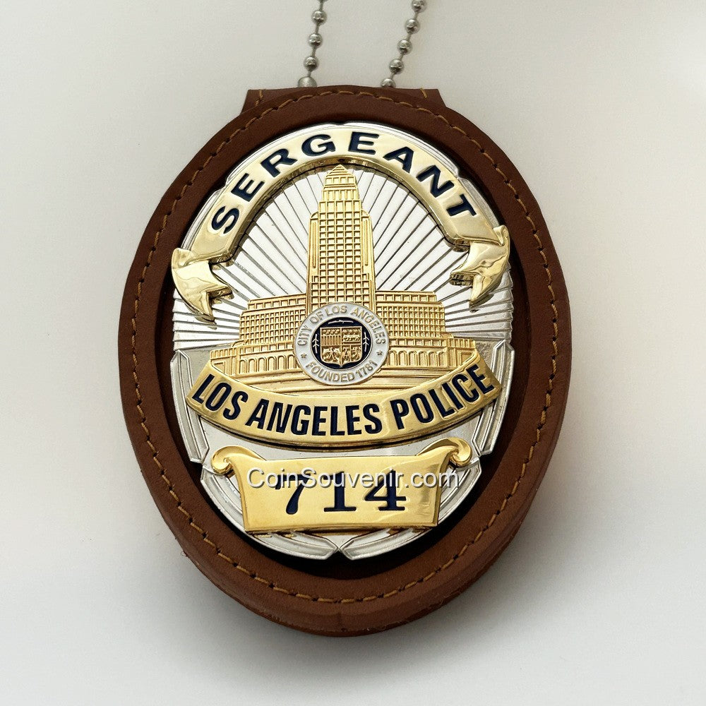 Elegant Brown LAPD Badge Holder Recessed Top-grain Leather W/ Belt
