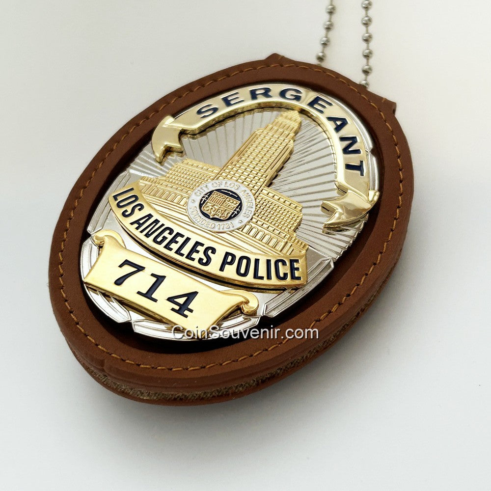 Top-grade Leather Cut-out Badge Holder With Belt Clip Chain For LAPD Badges Elegant Brown