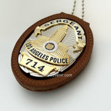 Top-grade Leather Cut-out Badge Holder With Belt Clip Chain For LAPD Badges Elegant Brown