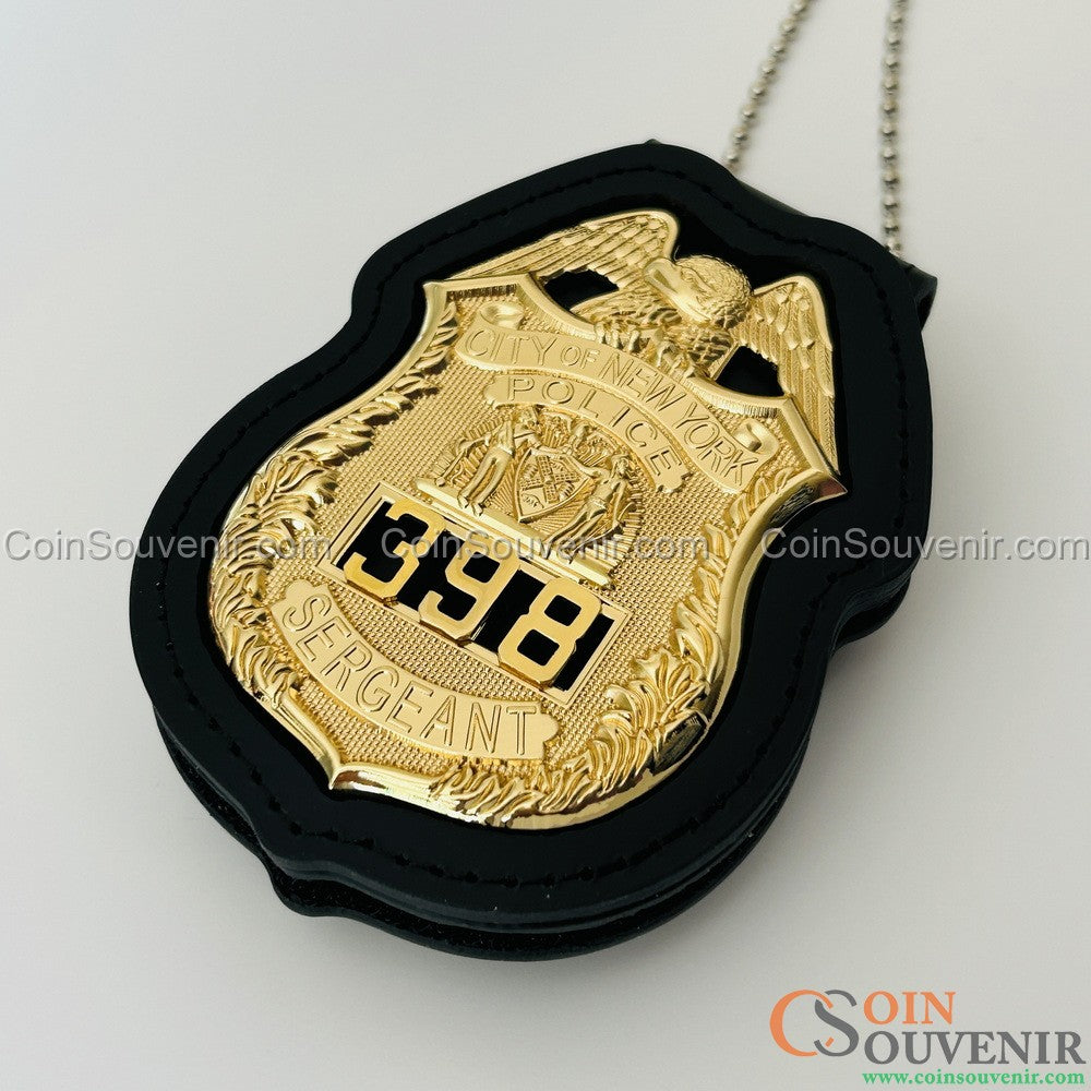 NYPD Sergeant Shield Recessed Badge Holder W/ Belt Clip & Neck Chain Top-grain Leather