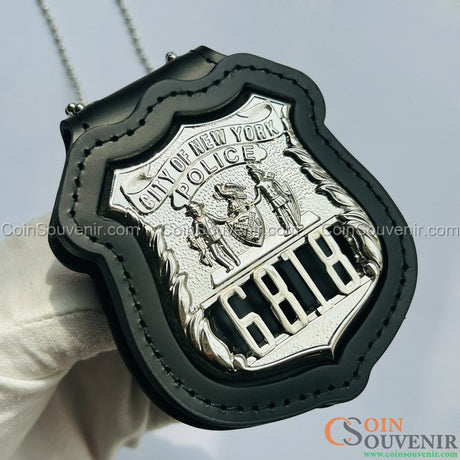 NYPD Officer Shield Recessed Badge Holder W/ Belt Clip & Neck Chain Top-grain Leather