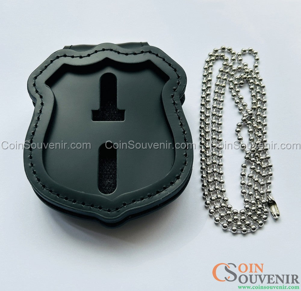 NYPD Officer Shield Recessed Badge Holder W/ Belt Clip & Neck Chain Top-grain Leather