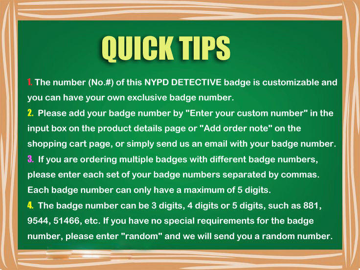 NY New York Detective Police Badge Réplique des accessoires de film *Numéro de badge personnalisable*