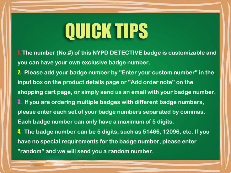 NYPD New York Detektiv Polizei Abzeichen Replik Film Requisiten *Nur 5-stellige benutzerdefinierte Nummer*