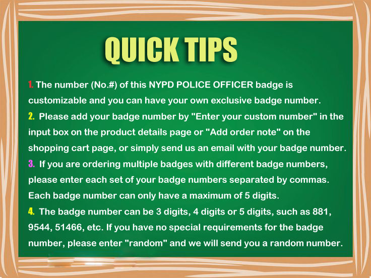 NY New York Police Officer Badge Replica Movie Props *Customizable Badge Number*