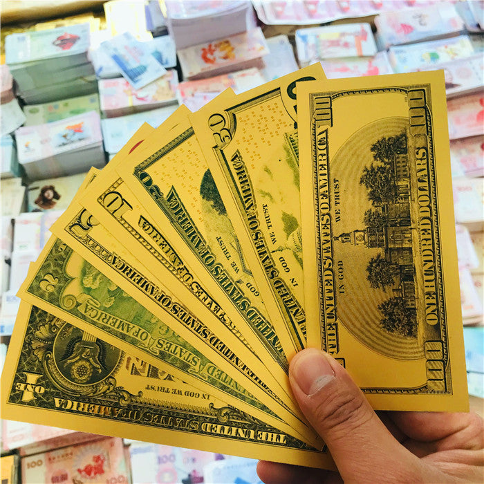 7 Pieces of US Gold Foil Novelty Banknotes $1 $2 $5 $10 $20 $50 $100 US  Dollar Bills Play Money Set