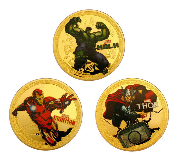 3 Pieces The Avengers Superhero Thor Iron Man Hulk Comics Gold Coins
