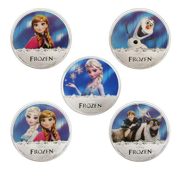 A Set of 5 pcs Frozen Elsa & Anna Princess Olaf Cartoon Colored Silver Coins