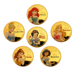 6 Pcs 2015 Disney Princess Classic Cartoon Colored 24K Gold Plated Coins Set