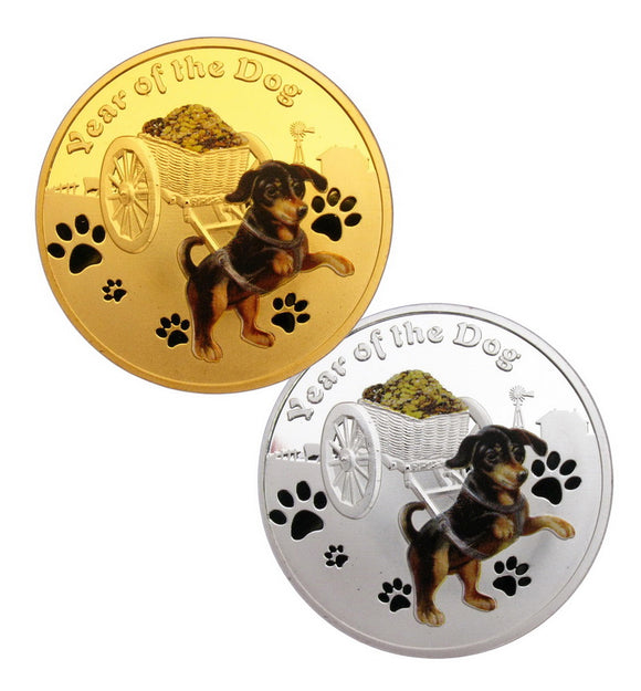 A Pair of 2018 Year of the Dog Lunar Zodiac Dog Pull a Treasure Car Coins