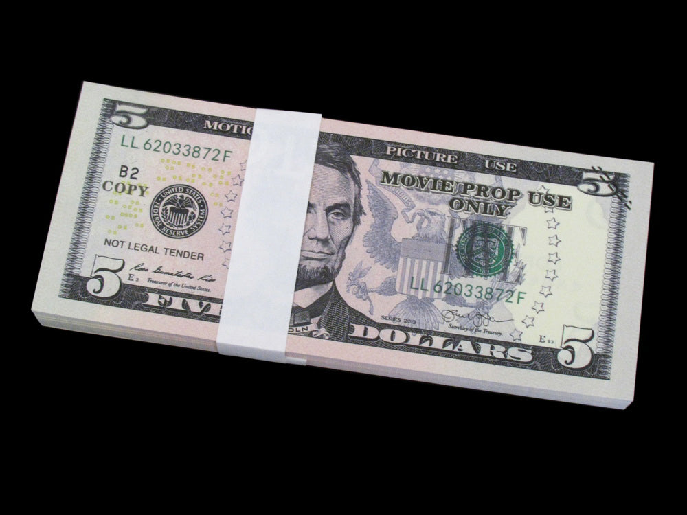 100x $5 Full Print Bills Stack Copy Dollar Movie Prop Money New Style