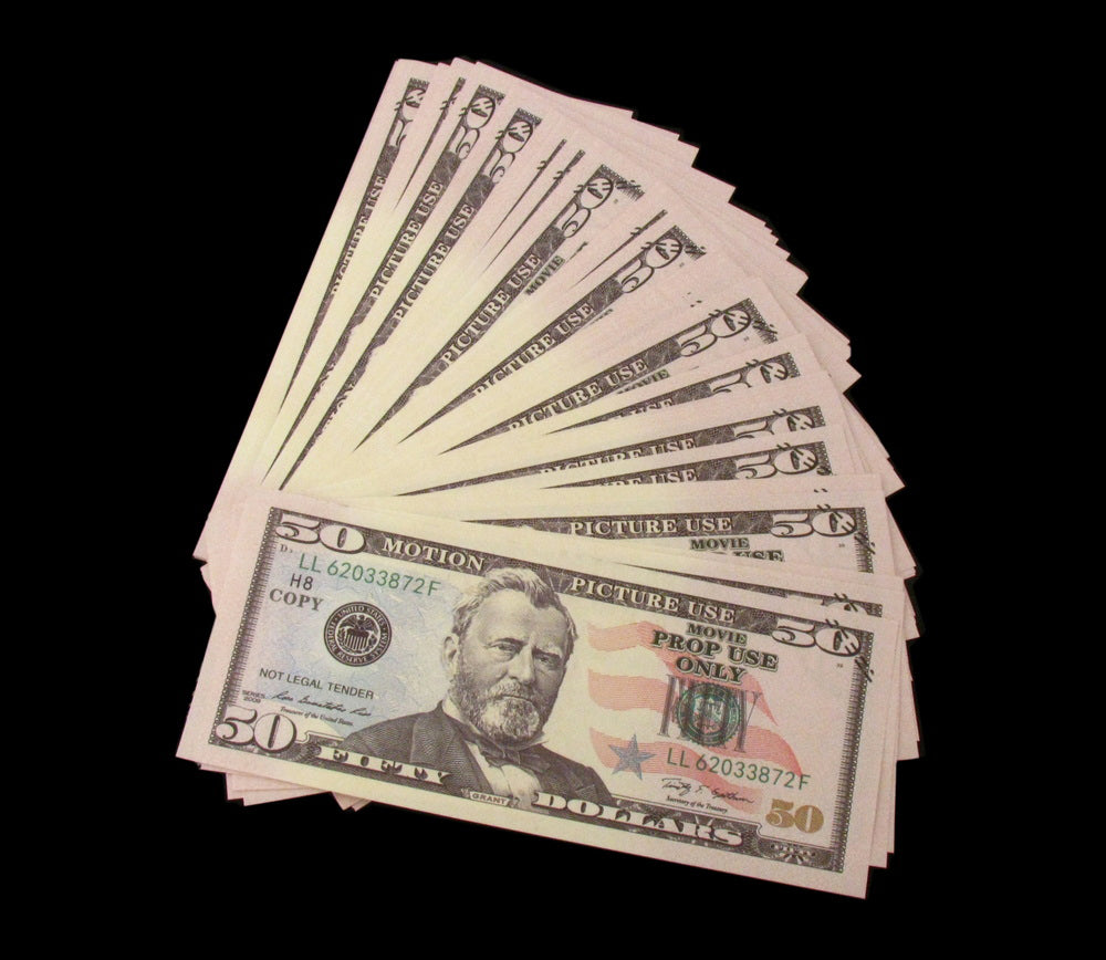 New Series $50's Aged $5,000 Full Print Prop Money Stack