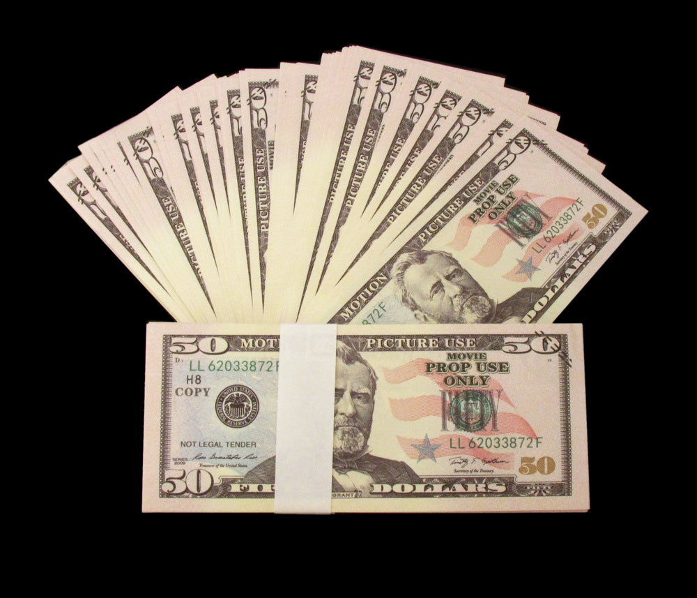 New Series $50's Aged $5,000 Full Print Prop Money Stack
