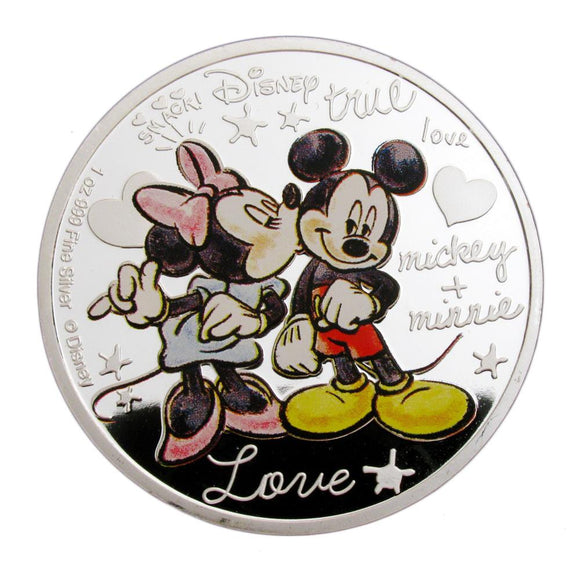 Mickey+Minnie True Love's Kiss Cartoon Colored Silver Coin