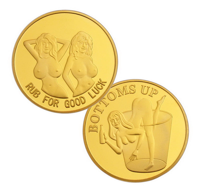 Bottoms Up Booze Hound Pin Up Lucky Heads Tails Sexy Lady Gold Challenge Coin