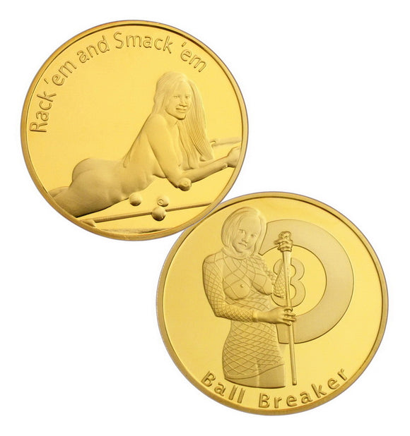 Ball Breaker Rack'em an Smack'em Heads & Tails Good Luck Gold Challenge Coin